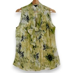 Ann Taylor Womens Silk Blouse 8 Green Watercolor Tie Neck Sleeveless Office Work